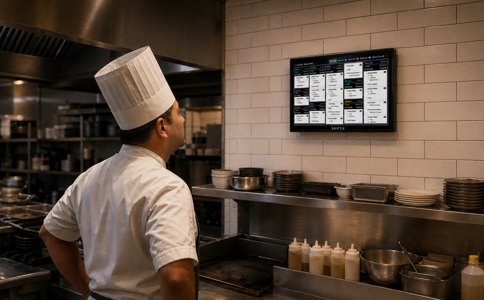 Chef viewing incoming food orders on an ithPOS Kitchen Display System screen in a commercial kitchen