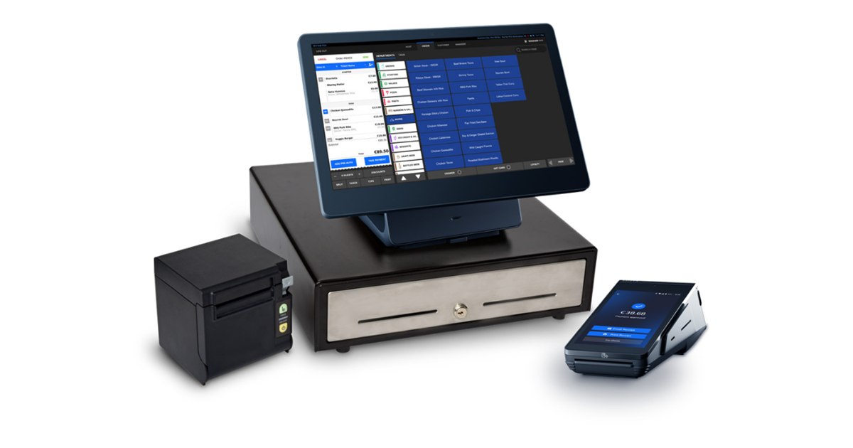 ithPOS SkyTab hospitality EPOS system for Irish restaurants, cafés and pubs, showing the touchscreen till, receipt printer, cash drawer and integrated payment terminal