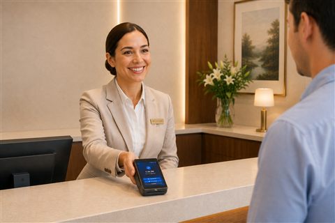 Hotel reception staff using EPOS and payment systems