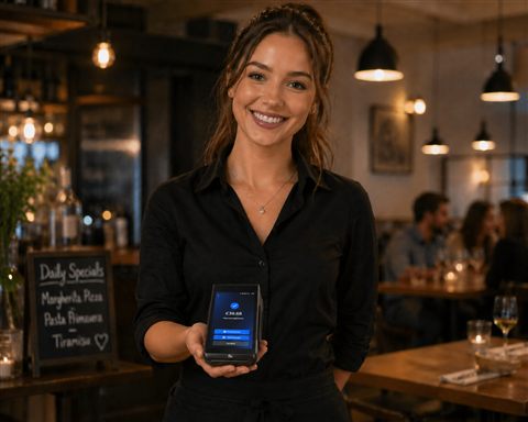 Restaurant staff using EPOS and payment terminal