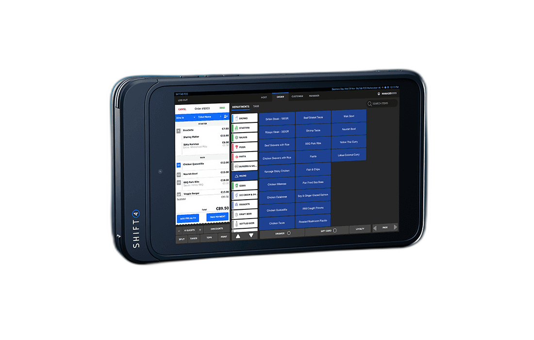 SkyGlass handheld ordering tablet showing a restaurant order screen