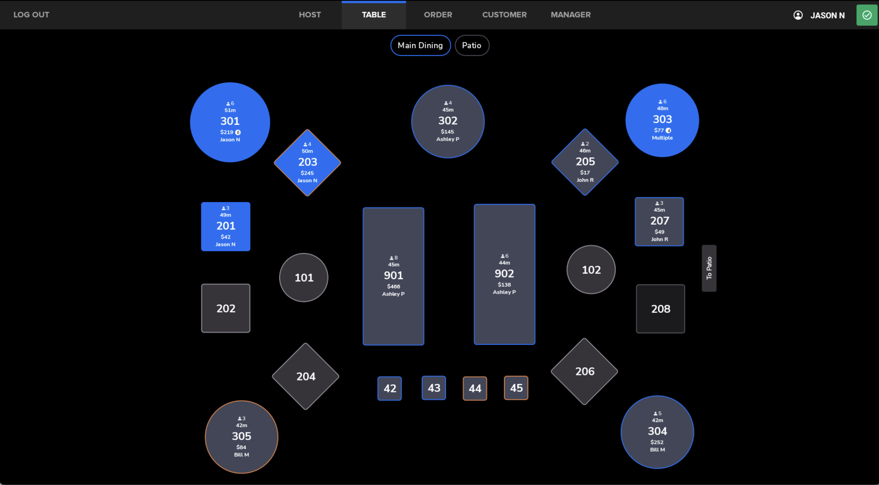 ithPOS hospitality table management screen showing a restaurant floor plan with open tables, covers and server assignments